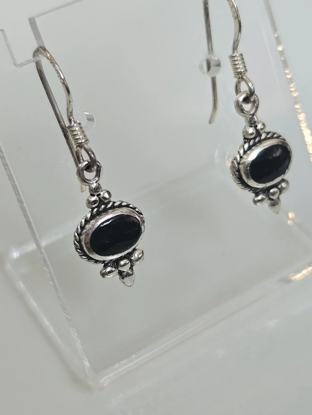 Black Onyx 925 Rope Detail Sterling Silver Small Dainty Dangle Earrings